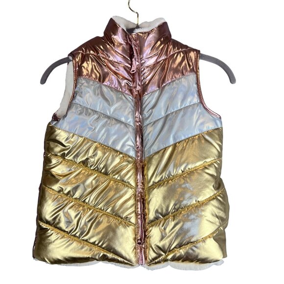 Girls S Epic Threads Reversible Metallic Gold Pink Faux Fur Vest Warm Layering - Picture 1 of 10